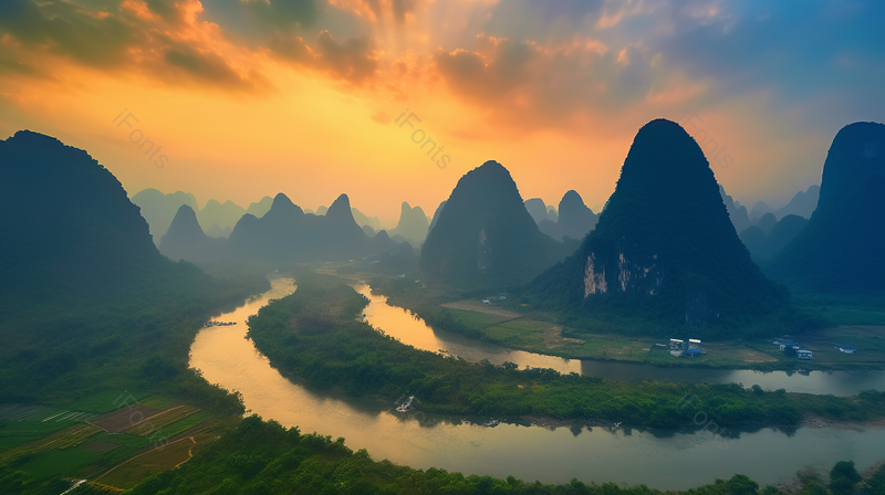 美丽的晚霞田园风光优美风景背景图,高清,摄影图,摄影图片,图片大全,摄影图免费下载